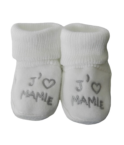 Chaussons naissance j'aime mamie blanc écriture argentée